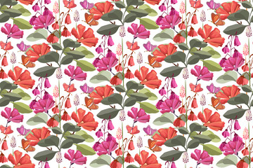 Fototapeta na wymiar Vector floral seamless pattern with red butterflies, pink and red flowers, green leaves. Floral elements isolated on white background.