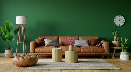 Beautiful living room with leather sofa on green empty wall background, 3d rendering