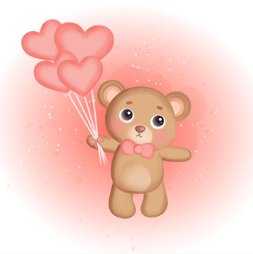 Cute Teddy Bear Holding Balloons.