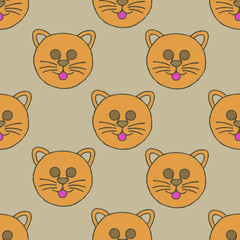 Cats seamless vector pattern with hearts. Cute hand drawn kitten faces. 