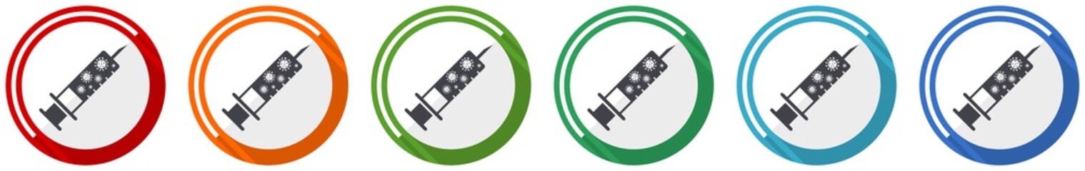 Vaccine, injection, syringe symbol icon set, flat design vector illustration in 6 colors options for webdesign and mobile applications