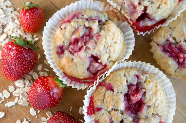 Top View of Freshly Baked Delicious Strawberry, Banana and Oats Muffins