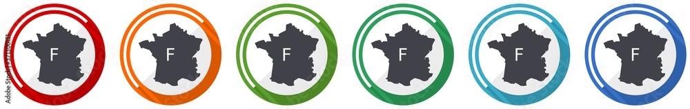 Poster map of france icon set, flat design vector illustration in 6 colors options for webdesign and mobile