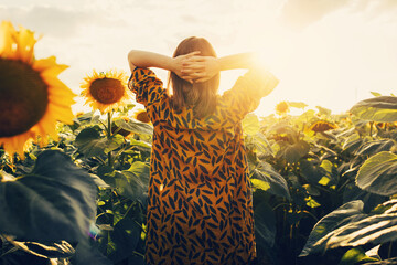 Back iew picture of young stylish trendy woman holding hands behind head and looking at sunrise or...
