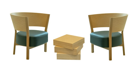 Wooden modern table and chair isolated on white background