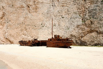 Navagio Beach or Shipwreck Beach (sometimes referred to as Smugglers Cove) on the coast of Zakynthos, in the Ionian Islands of Greece