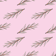 Pine tree branches seamless vector pattern on pink. Simple christmas woodland surface print design for fabrics, stationery, scrapbook paper, gift wrap, and packaging.