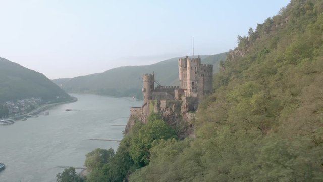 Rhine River and Rheinstein Castle Drone Shot