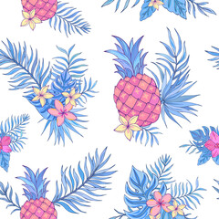 Vector trendy seamless pattern with pineapple, palm leaves, orhid and plumeria. Summer decoration print for wrapping, wallpaper, fabric. Seamless vector texture. 