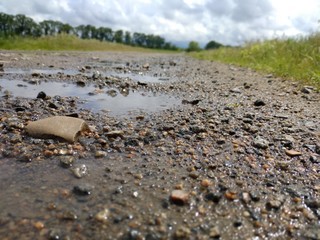 Village road covered by water after rain