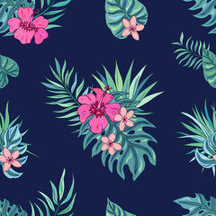 Fototapeta na wymiar Tropic seamless pattern with hibiscus, plumeria and tropical leaves. Summer decoration print for wrapping, wallpaper, fabric. Seamless vector texture. Tropical bouquet flowers.