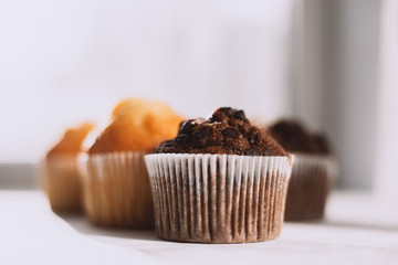 Beautiful vanilla and chocolate muffins with pieces of chocolate