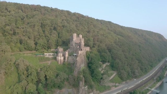 Rheinstein Castle Exterior and the Rhine Rhine in Summer