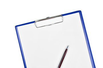 Clipboard with blank white paper and pen on white background