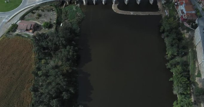 Bridge in Tordesillas, historical village of Valladolid, Spain. Aerial Drone Footage
