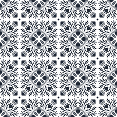 Seamless pattern ornament of circles, silhouette flowers and leaves. Print for the cover of the book, postcards, t-shirts. Illustration for rugs.