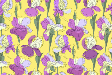 Art floral vector seamless pattern. Purple, violet, pale yellow irises with green stems and leaves on yellow background. Sketch of the flowers.
