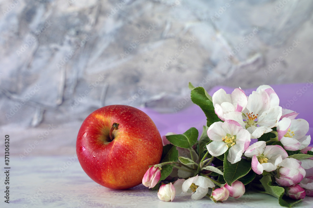 Wall mural ripe red apple and blossoms on a gray textured background - Wall murals