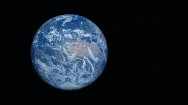 Photo realistic 3D earth on the left. Space for text on the right. Earth from space. Rotating planet earth. 4K.