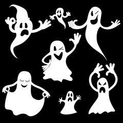Halloween spooky monsters, scary poltergeist. Ghost apparition spook set.