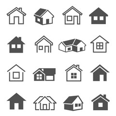Houses, home, cottage line and bold icons set isolated on white. Building, cabin, barn pictograms.