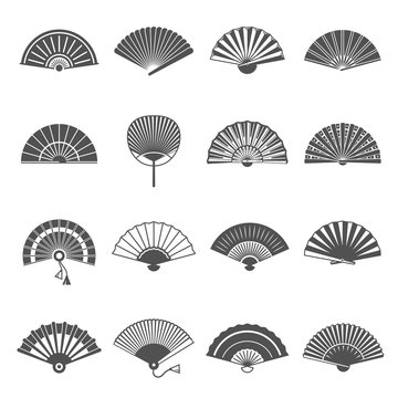 Handheld or hand fans rigid, foldable line and bold icons set isolated on white.