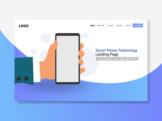 Smart phone in hand, blue striped landing page, background, vector