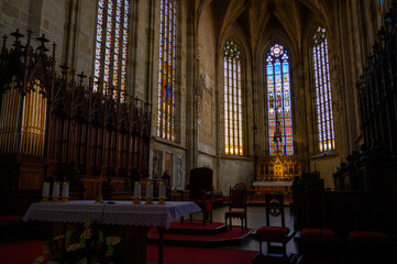 Fototapeta premium Interior of St Martin's Cathedral with its altar and stained glass windows. Bratislava, Slovakia. 2020/05/20. 