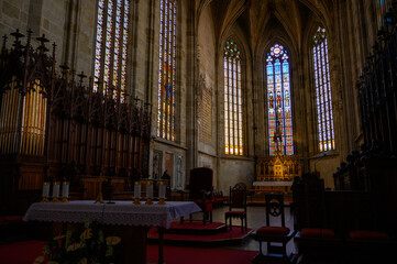 Fototapeta na wymiar Interior of St Martin's Cathedral with its altar and stained glass windows. Bratislava, Slovakia. 2020/05/20. 