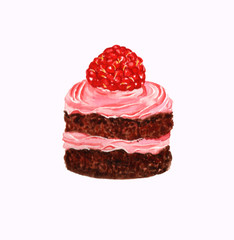 Watercolor hand-painted sweet and delicious raspberry cake. Fruit dessert can be used for greeting card, invitation, greeting card, menu, recipe, poster.