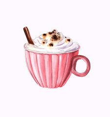 Delicious cappuccino in a pink Cup with a cinnamon stick. Watercolor illustration of drinks and desserts.
