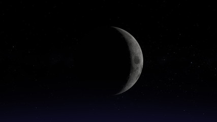 The moon in Waxing Crescent phase. Photo realistic 3D moon.
