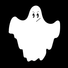 Сharacter element for Halloween: Scary, flying white ghost with angry face on black background. Cartoon creepy design. Vector illustration.