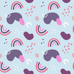 Seamless abstract pattern with rainbows, spots and curves. Vector illustration.