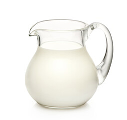 Glass jug of milk isolated on white background