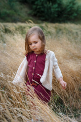Naklejka na ściany i meble Little toddler girl in sweater in the field of dried out grass. Candid portrait of a child outside. Vertical orientation. 