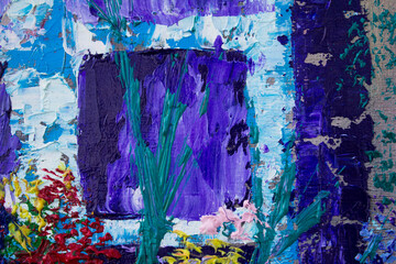 Oil painting window with flowers. Background. Texture.