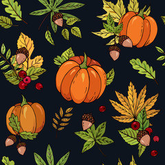 Autumn seamless vector pattern with pumpkins, acorns, berries  and leaves. Falling colorful leaves. Perfect for seasonal and Thanksgiving Day, greeting cards, textile, wrapping.