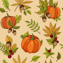 Autumn seamless vector pattern with pumpkins, acorns, berries  and leaves on a light background. Falling colorful leaves. Perfect for seasonal and Thanksgiving Day, greeting cards, textile, wrapping.