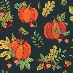 Autumn seamless vector pattern with pumpkins, acorns, berries  and leaves. Falling colorful leaves. Perfect for seasonal and Thanksgiving Day, greeting cards, textile, wrapping.