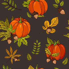 Autumn seamless vector pattern with pumpkins, acorns and leaves on a grey background. Falling colorful leaves. Perfect for seasonal and Thanksgiving Day, greeting cards, textile, wrapping. 
