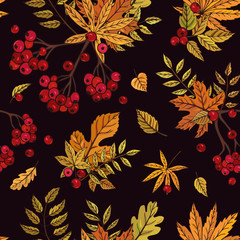 Seamless vector pattern with rowan berry branches. Autumn background with red berries and leaves. It can be used for websites, packing of gifts, fabrics, wallpapers. 