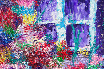 Fototapeta premium Oil painting window with flowers. Background. Texture.