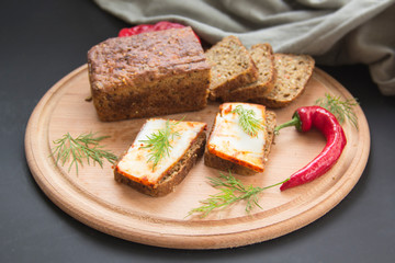 Delicious bread with garlic, lard, herbs, and chili