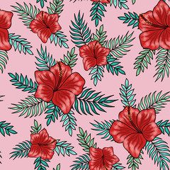 Red hibiscus flowers with palm tree leaves seamless pattern on pink background. Great for spring and summer wallpaper, backgrounds, invitations, packaging design projects textile.