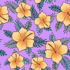 Yellow hibiscus flowers with palm tree leaves seamless pattern on violet background. Great for spring and summer wallpaper, backgrounds, invitations, packaging design projects textile