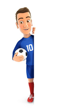 3d soccer player blue jersey with ball behind blank wall