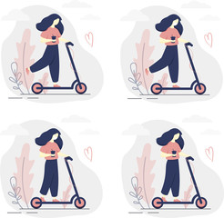 Set cute girls in masks on scooters on blue background with plants vector flat illustration.Young woman with coffee driving an environmentally friendly car in the park.Sharing service,summer sports.
