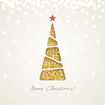 Creative paper Christmas tree, made of gold glitter sparkling particles on light background. Vector illustration.
