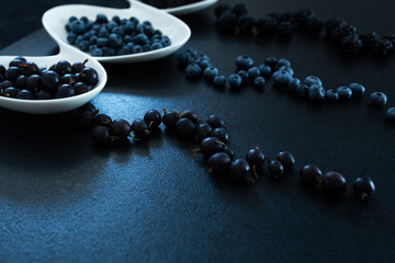 Set of different types of black berries in a white plate on a black table. Stylish seasonal vitamins